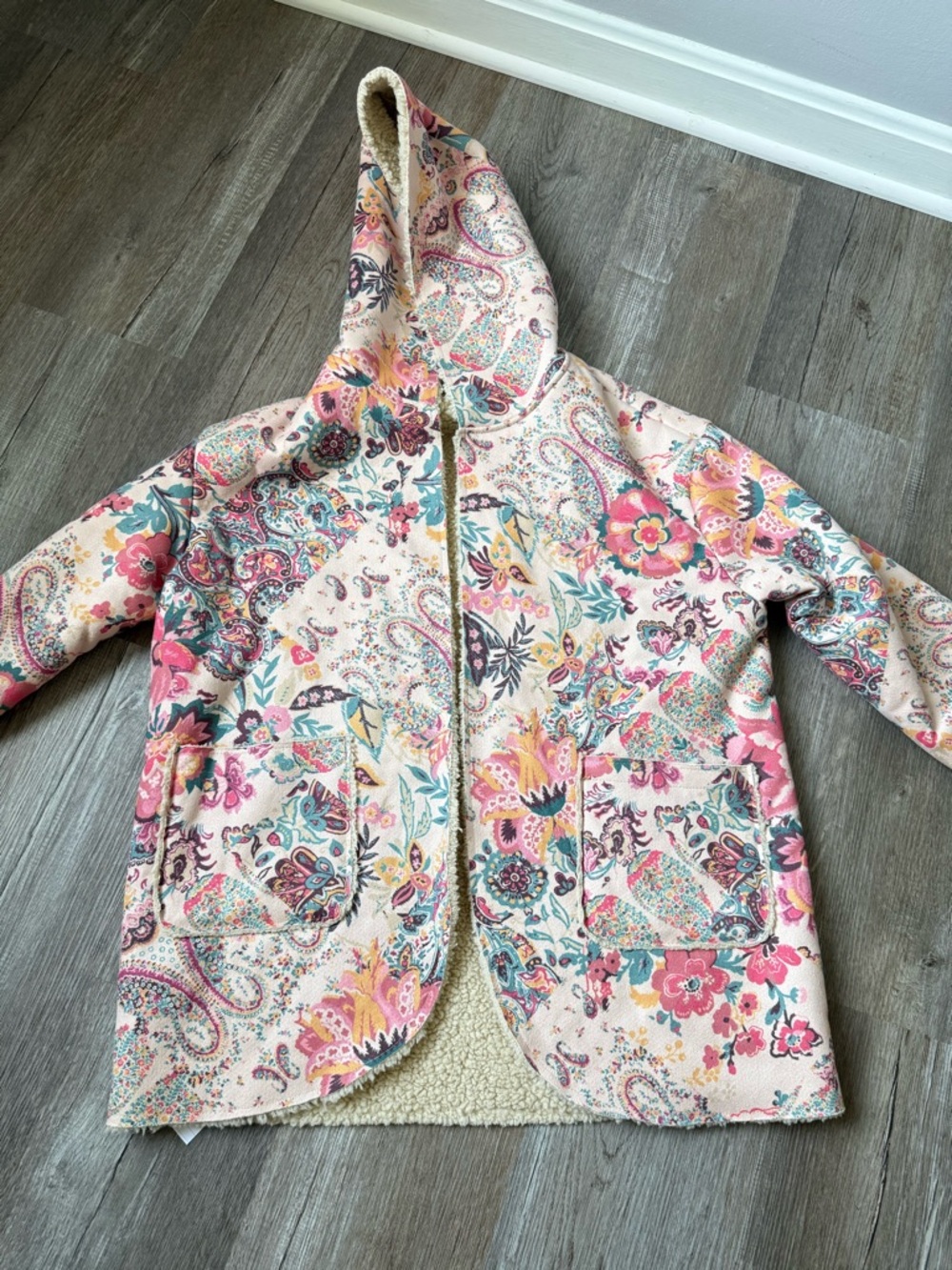Boutique Floral Hooded Coat Teddy Sherpa Jacket Paisley Pink Multicolor Size S